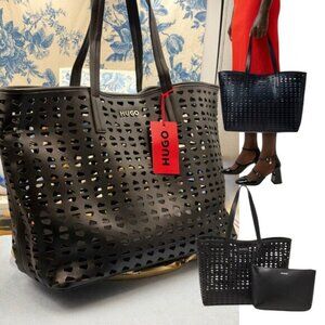 🆕 HUGO 🧿 NWT CHRIS Laser Cut Shoulder Bag Set - Tote Bag & Pouch - Black